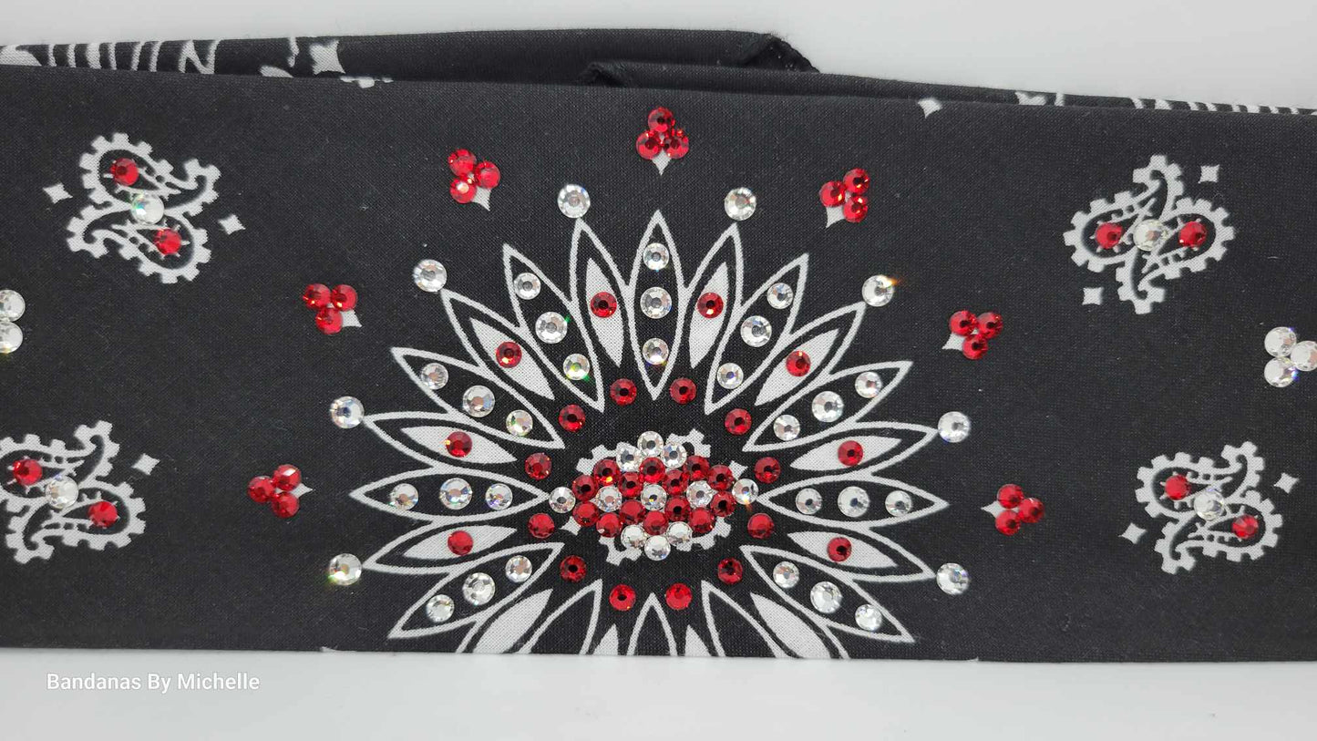 Black Paisley Bandana with Red and Diamond Clear Austrian Crystals (Sku1923)