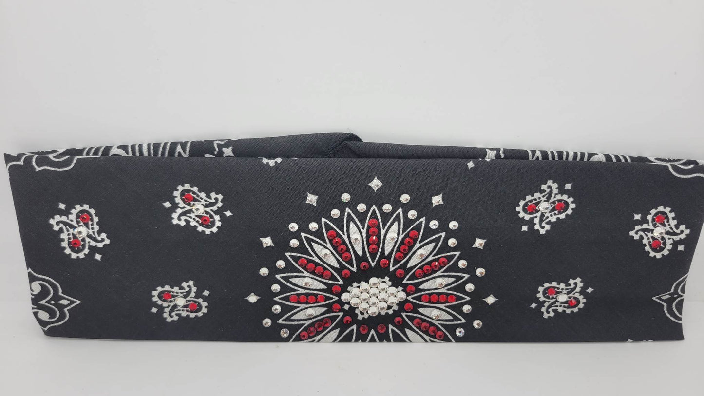 Black Paisley Bandana with Red and Diamond Clear Austrian Crystals (Sku1926)