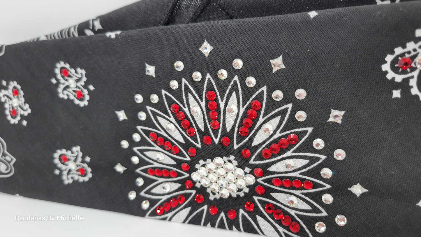 Black Paisley Bandana with Red and Diamond Clear Austrian Crystals (Sku1926)