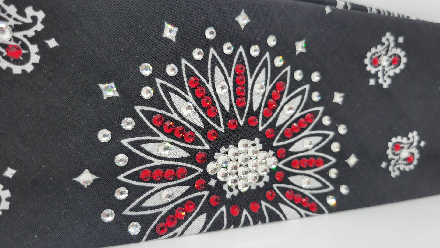Black Paisley Bandana with Red and Diamond Clear Austrian Crystals (Sku1926)