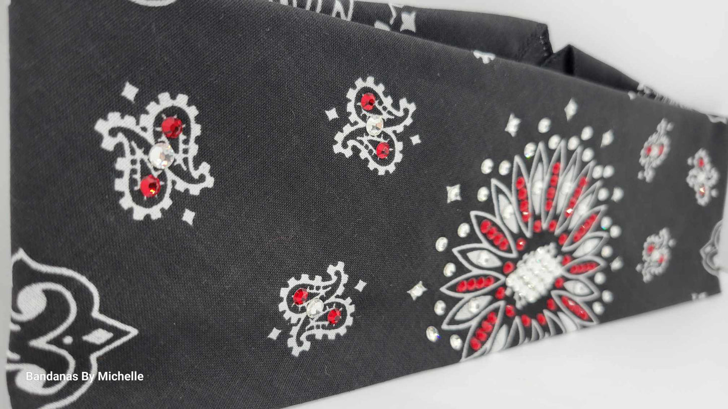 Black Paisley Bandana with Red and Diamond Clear Austrian Crystals (Sku1926)