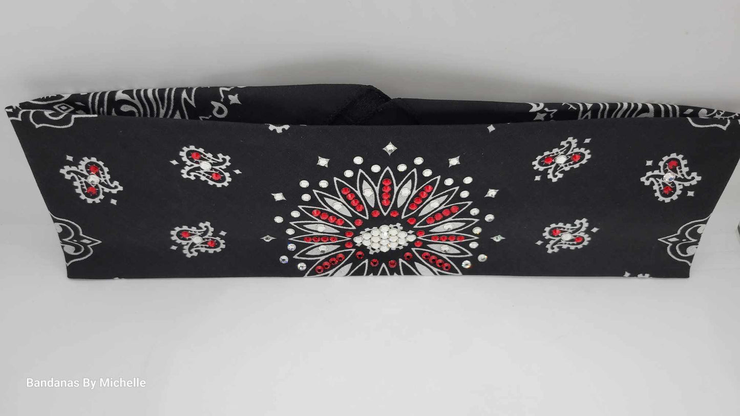 Black Paisley Bandana with Red and Diamond Clear Austrian Crystals (Sku1926)