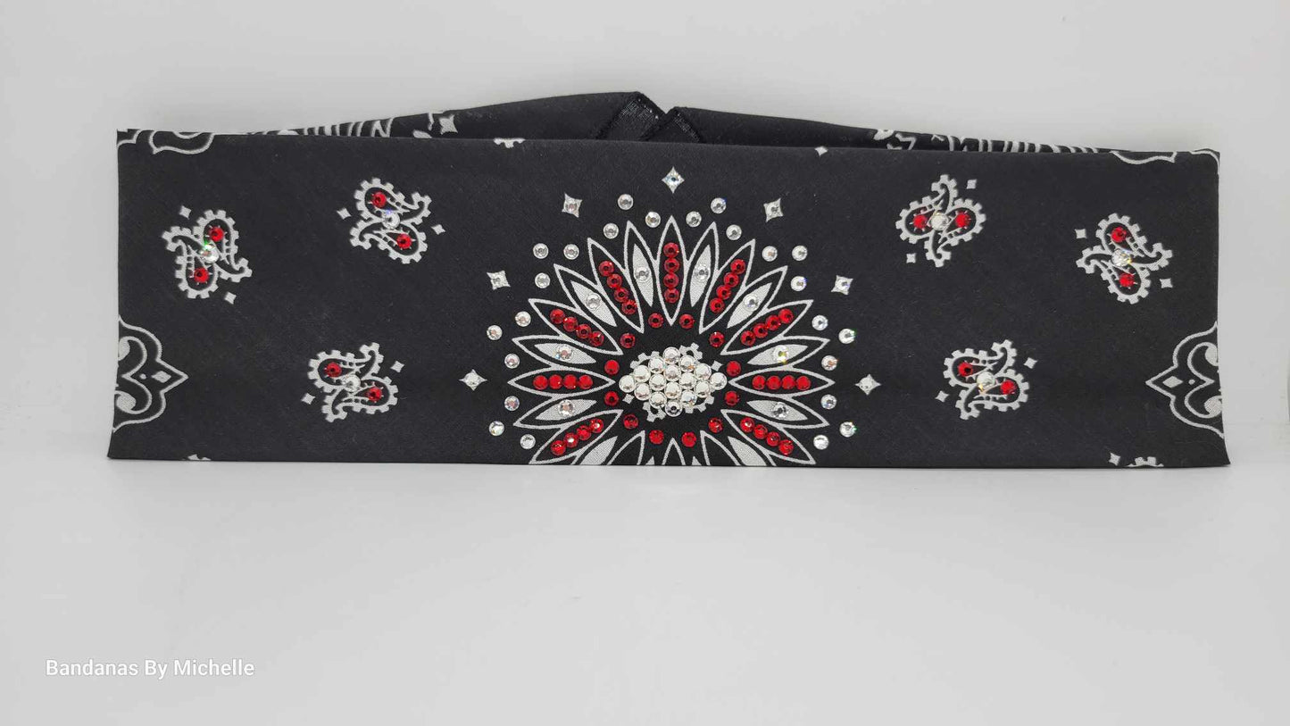 Black Paisley Bandana with Red and Diamond Clear Austrian Crystals (Sku1926)