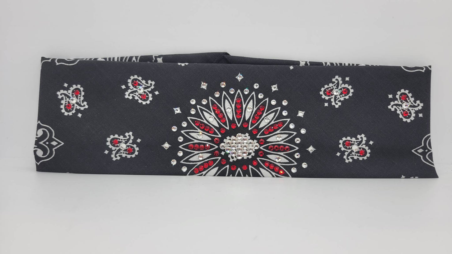 Black Paisley Bandana with Red and Diamond Clear Austrian Crystals (Sku1926)