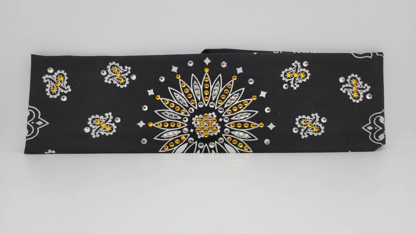 Black Paisley Bandana With Yellow and Diamond Clear Austrian Crystals (Sku1936)