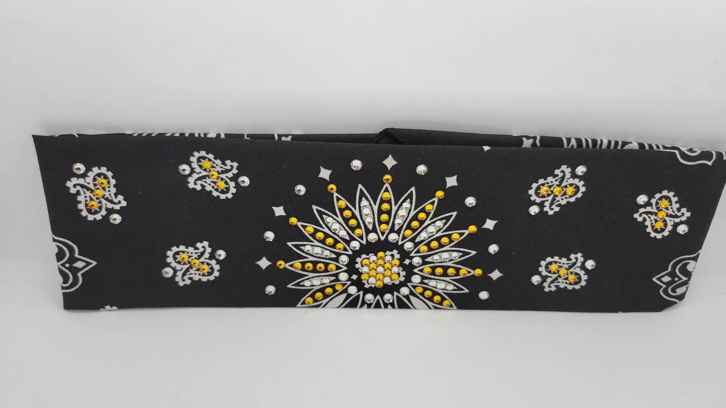 Black Paisley Bandana With Yellow and Diamond Clear Austrian Crystals (Sku1936)