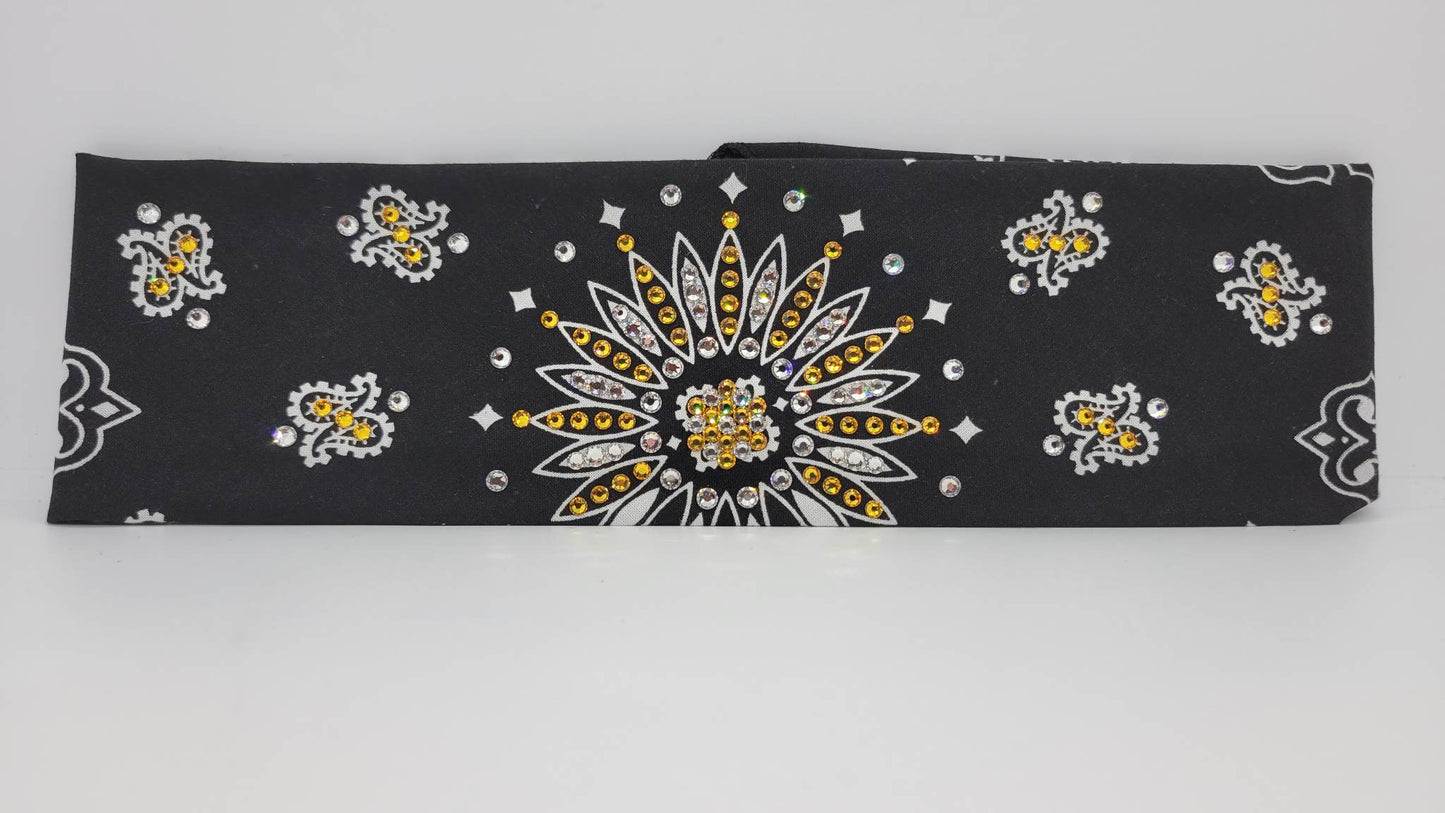 Black Paisley Bandana With Yellow and Diamond Clear Austrian Crystals (Sku1936)
