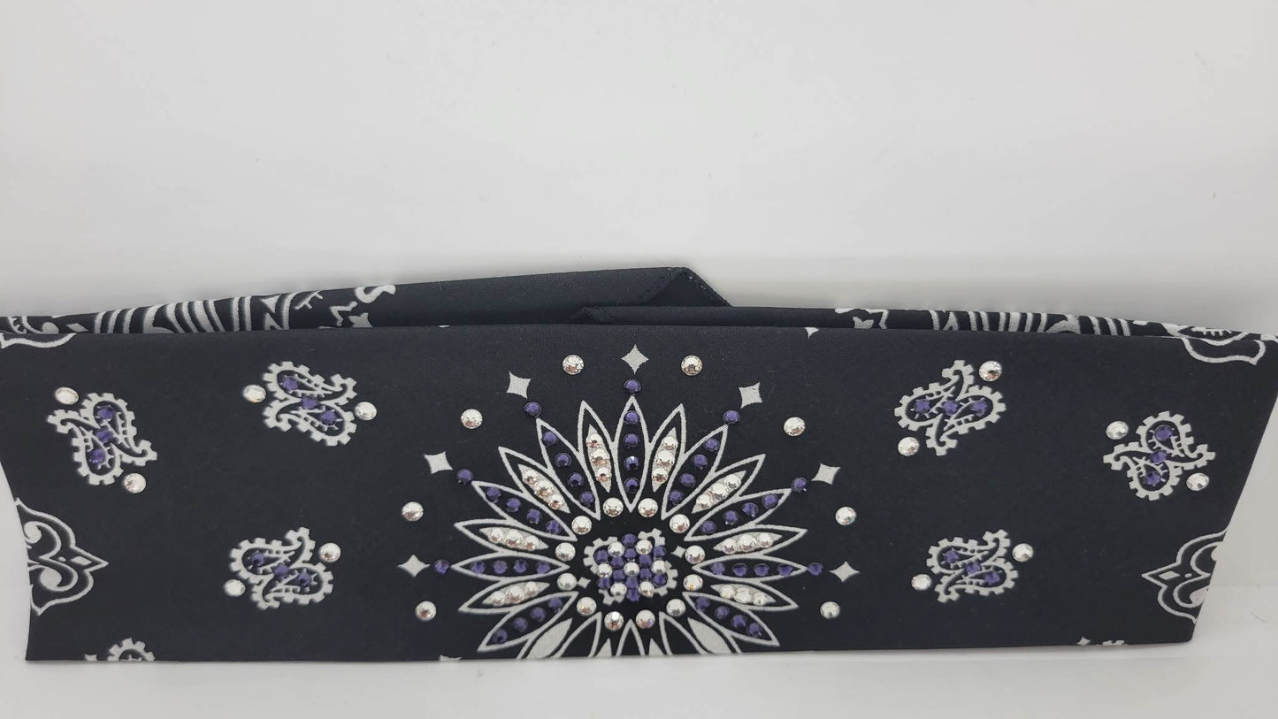 Black Paisley Bandana with Dark Purple and Diamond Clear Austrian Crystals (Sku1940)