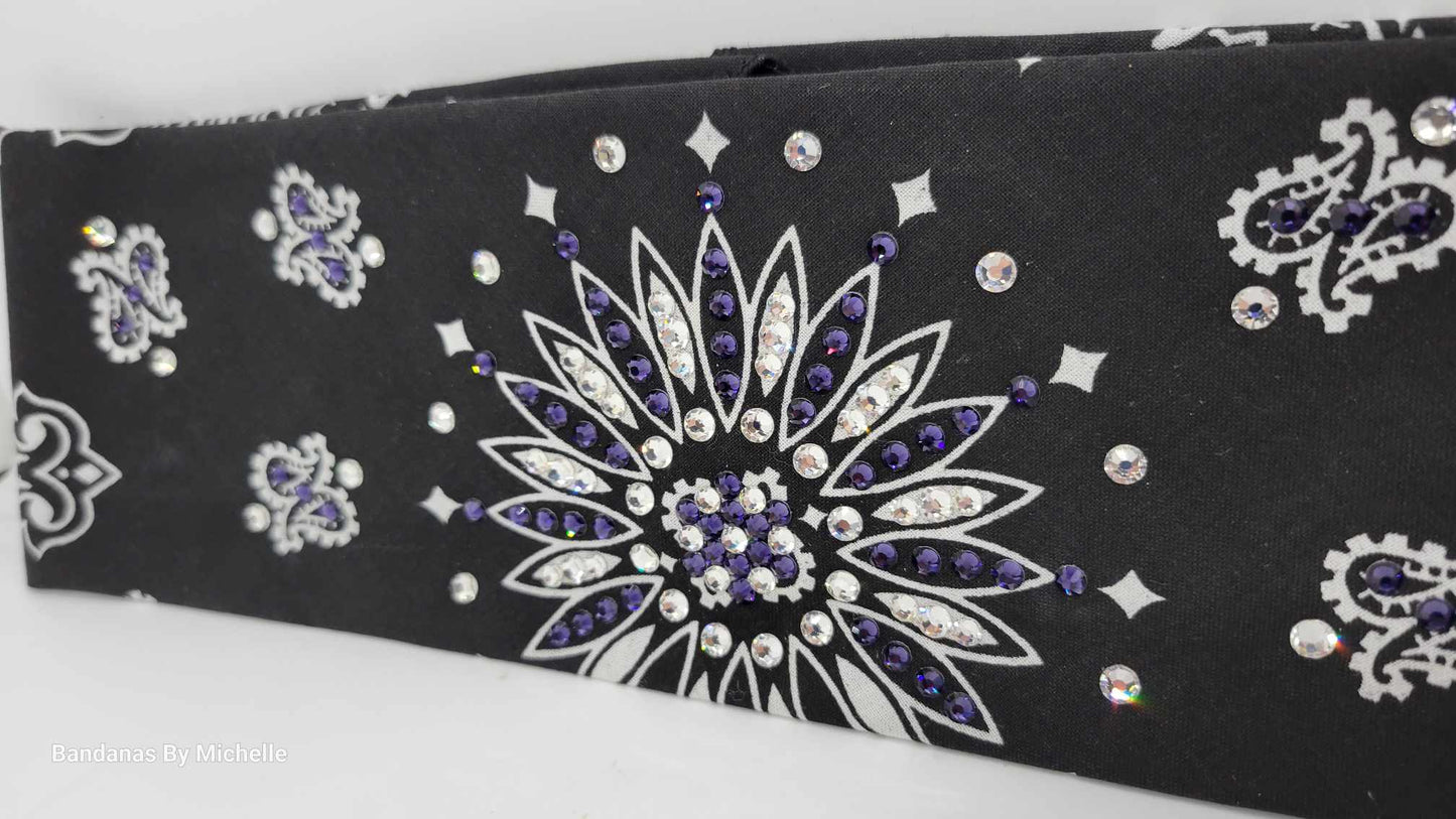 Black Paisley Bandana with Dark Purple and Diamond Clear Austrian Crystals (Sku1940)