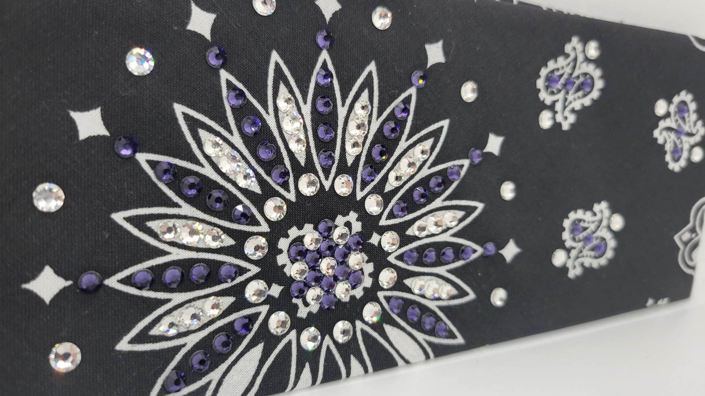 Black Paisley Bandana with Dark Purple and Diamond Clear Austrian Crystals (Sku1940)