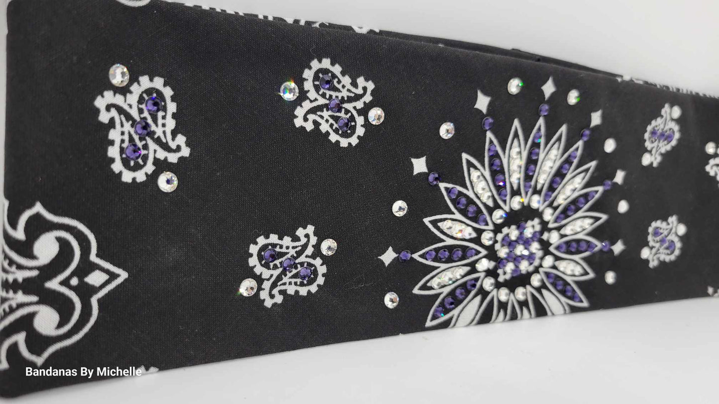 Black Paisley Bandana with Dark Purple and Diamond Clear Austrian Crystals (Sku1940)