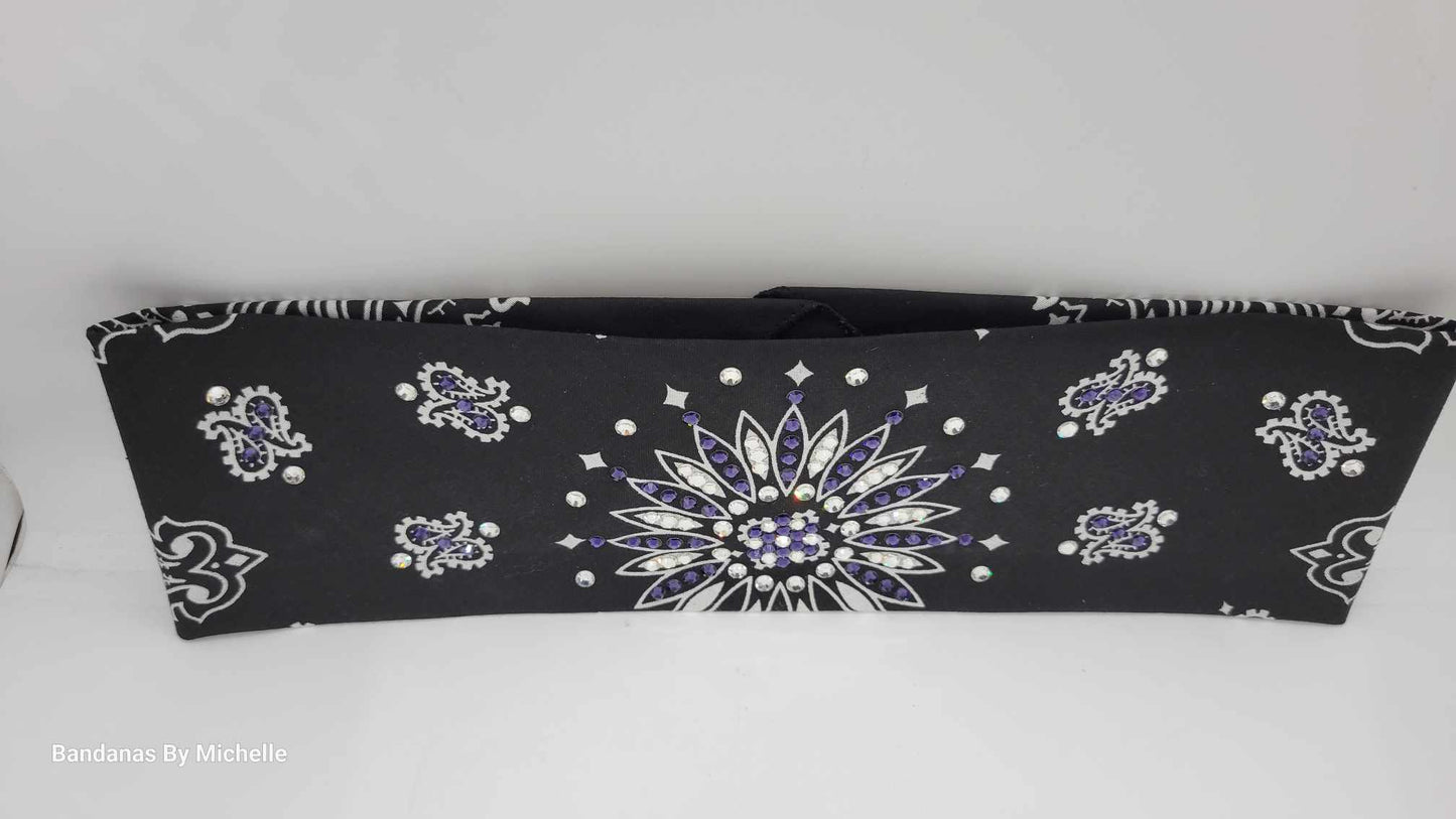 Black Paisley Bandana with Dark Purple and Diamond Clear Austrian Crystals (Sku1940)