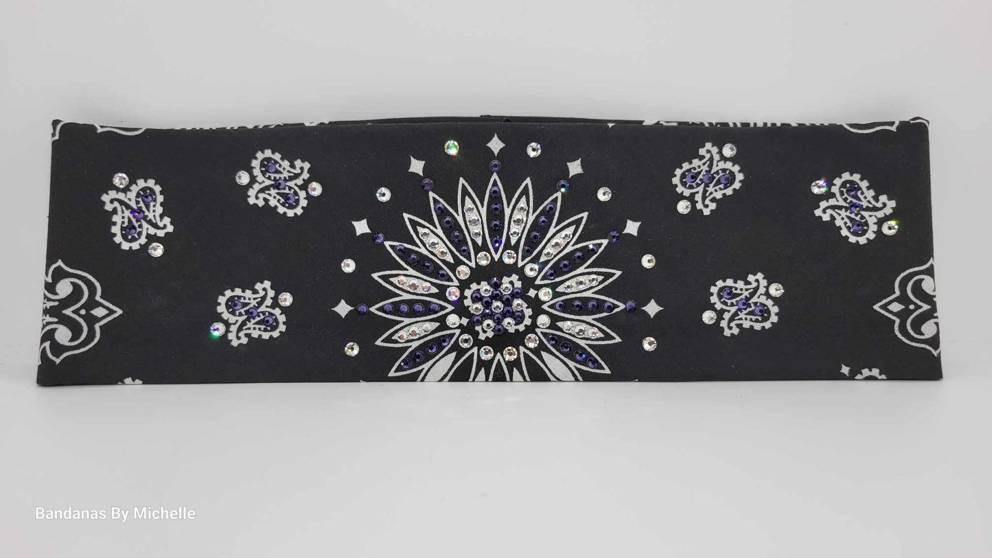 Black Paisley Bandana with Dark Purple and Diamond Clear Austrian Crystals (Sku1940)