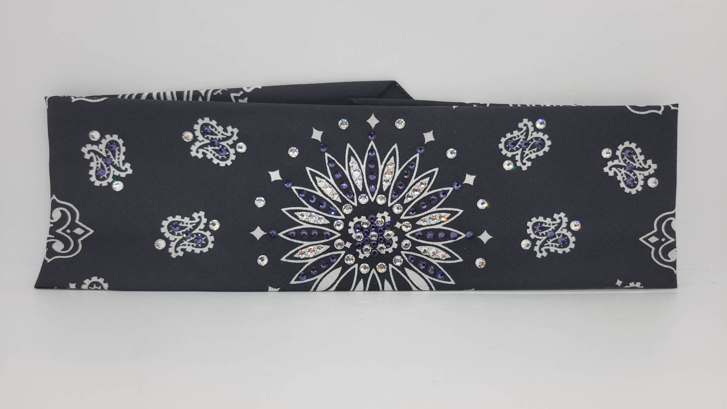 Black Paisley Bandana with Dark Purple and Diamond Clear Austrian Crystals (Sku1940)
