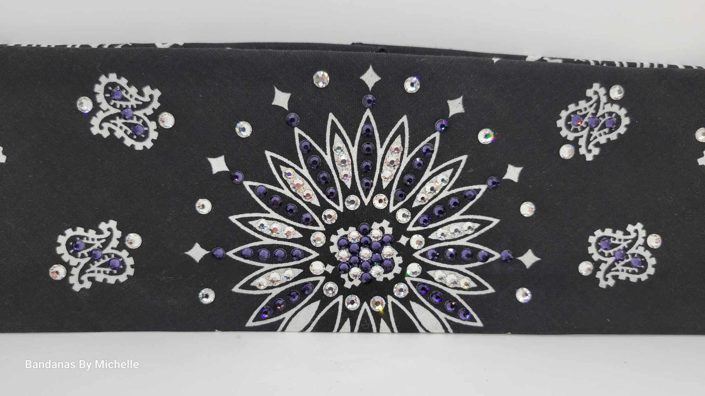 Black Paisley Bandana with Dark Purple and Diamond Clear Austrian Crystals (Sku1940)