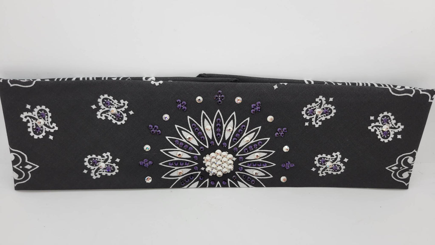 Black Paisley Bandana with Dark Purple and Diamond Clear Austrian Crystals (Sku1944)