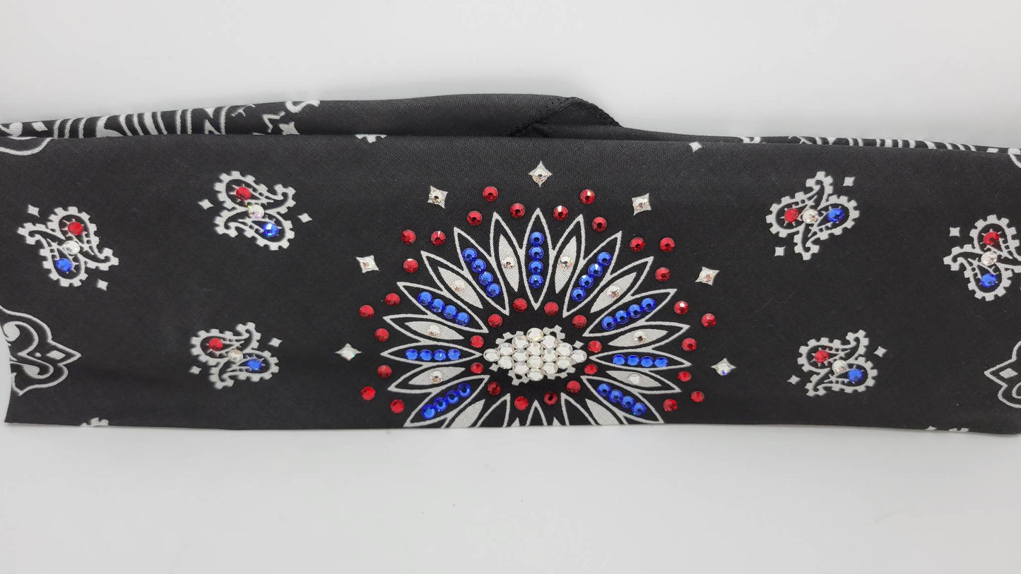 Black Paisley Bandana With Red, Blue and Diamond Clear Austrian Crystals (Sku1946)