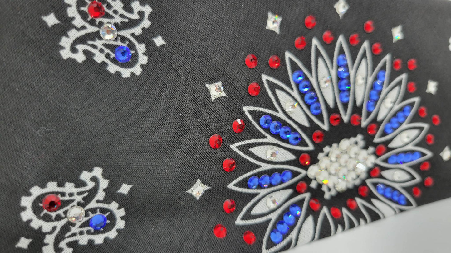 Black Paisley Bandana With Red, Blue and Diamond Clear Austrian Crystals (Sku1946)