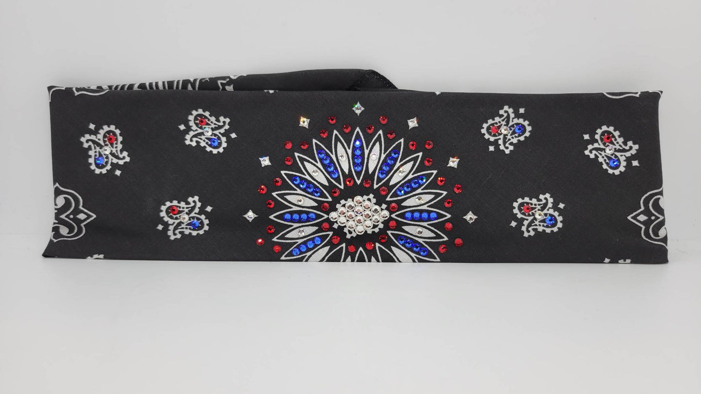Black Paisley Bandana With Red, Blue and Diamond Clear Austrian Crystals (Sku1946)