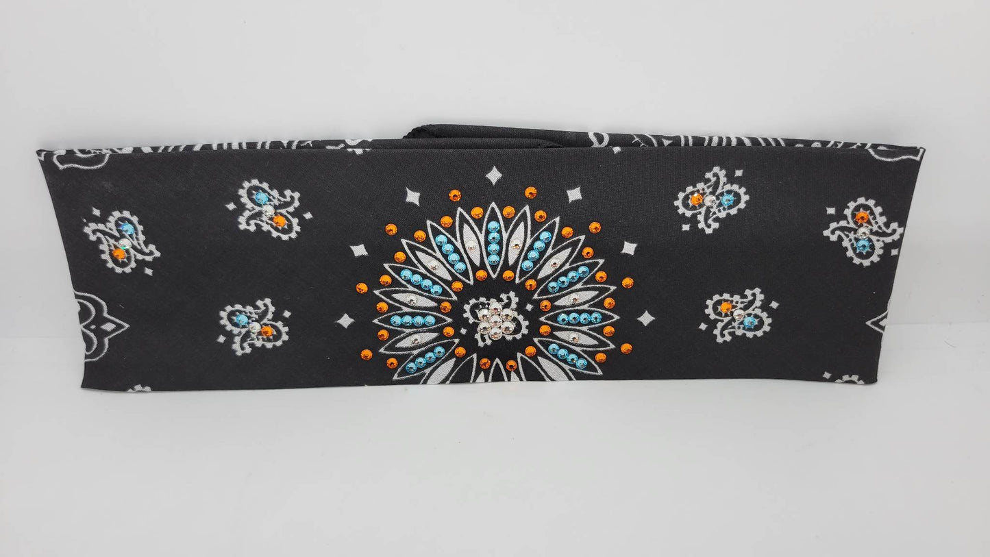 Black Paisley with Aqua, Orange and Diamond Clear Austrian Crystals (Sku1949)