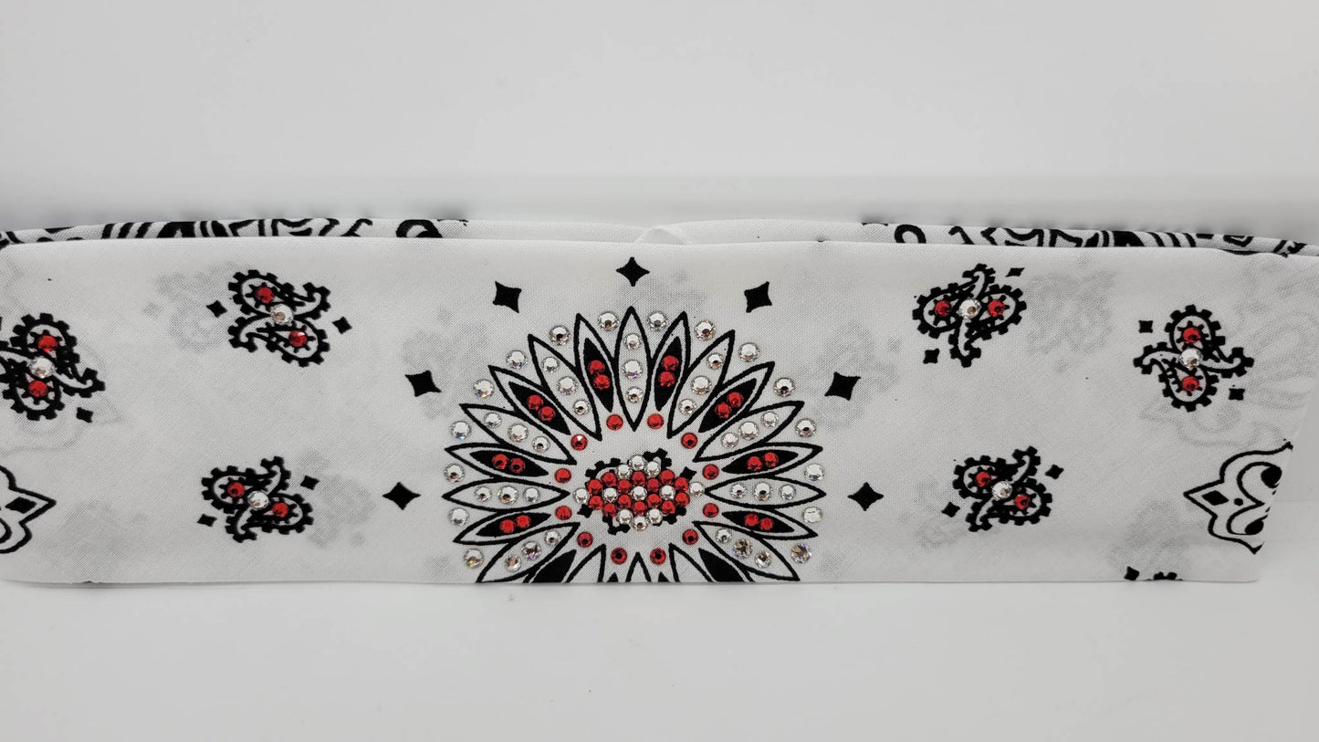 White Paisley Bandana with Red and Diamond Clear Austrian Crystals (Sku2002)