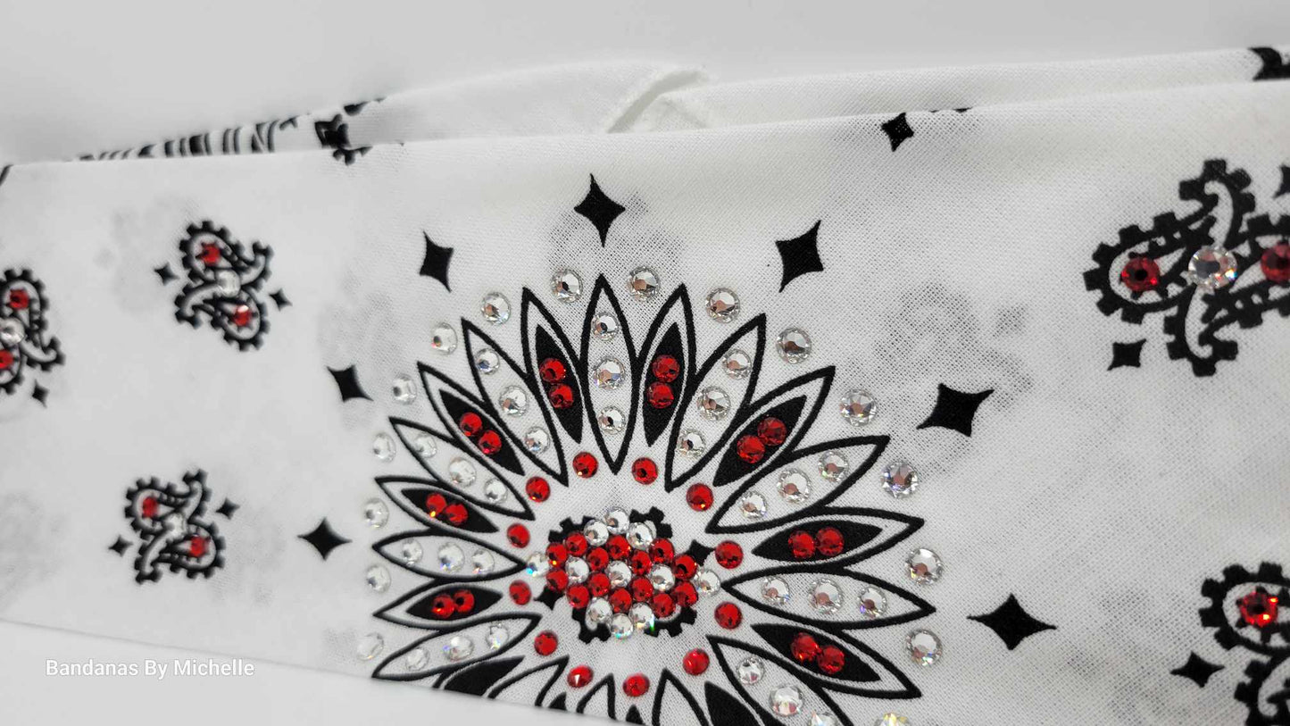 White Paisley Bandana with Red and Diamond Clear Austrian Crystals (Sku2002)