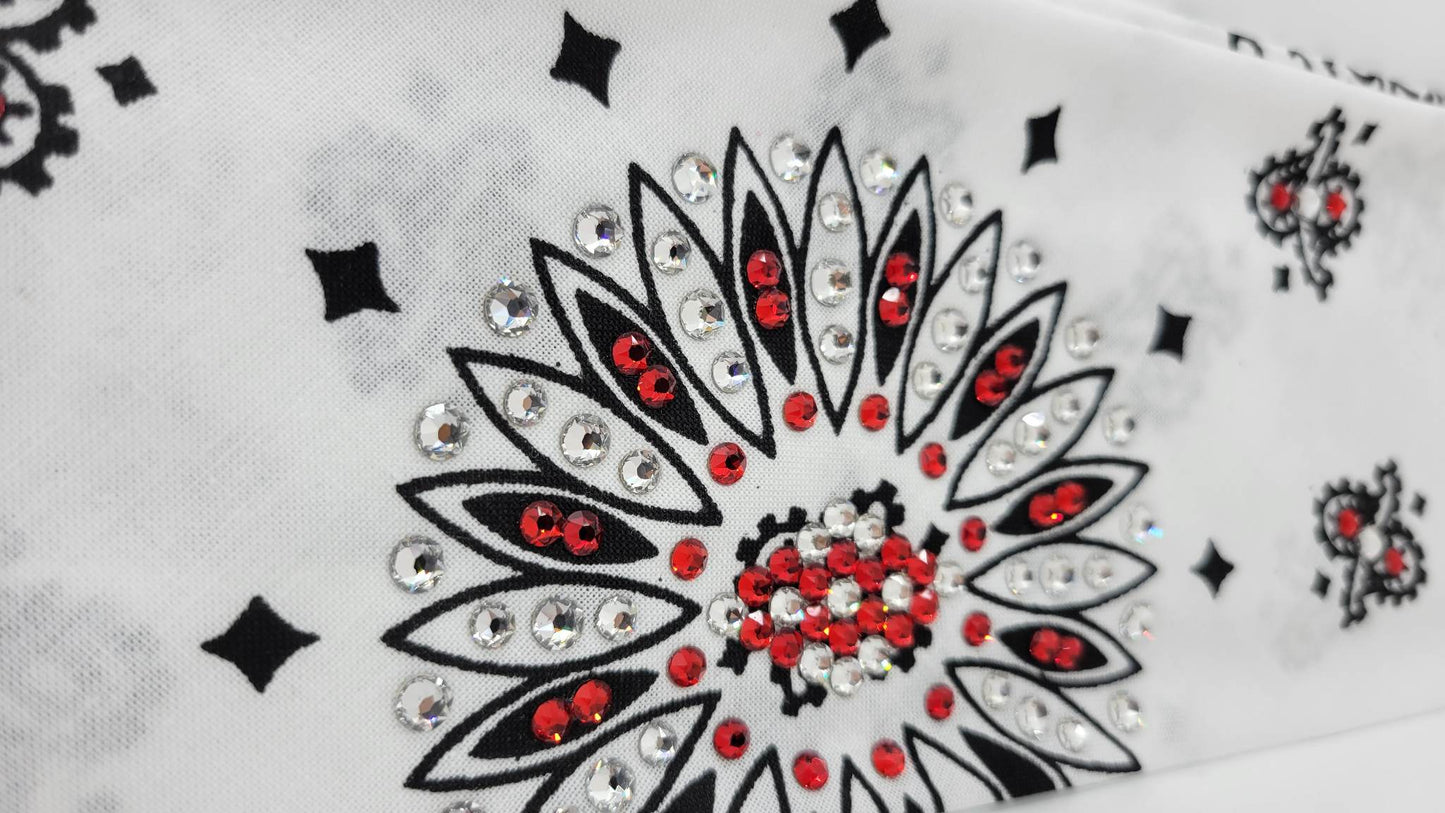 White Paisley Bandana with Red and Diamond Clear Austrian Crystals (Sku2002)