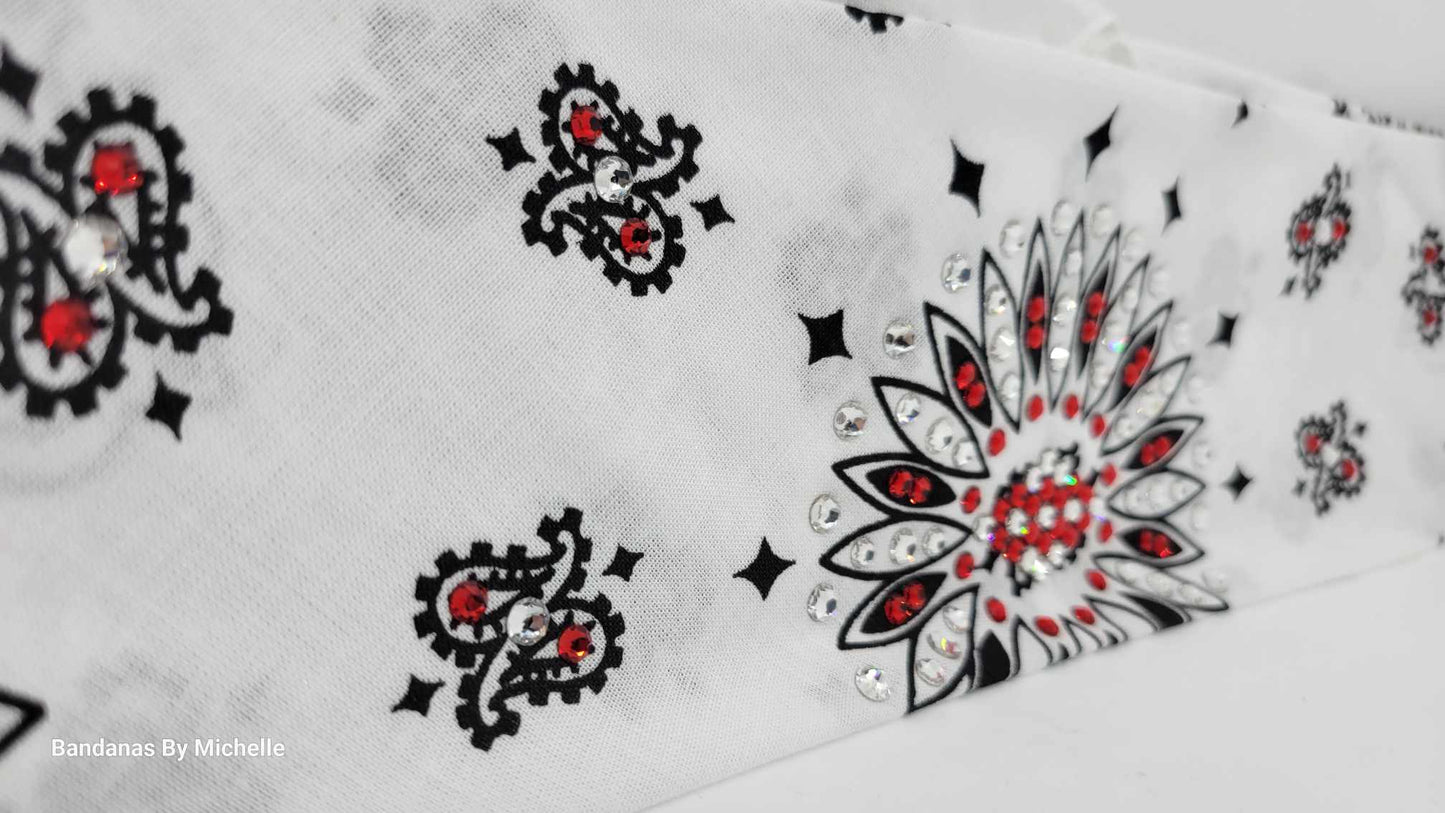 White Paisley Bandana with Red and Diamond Clear Austrian Crystals (Sku2002)