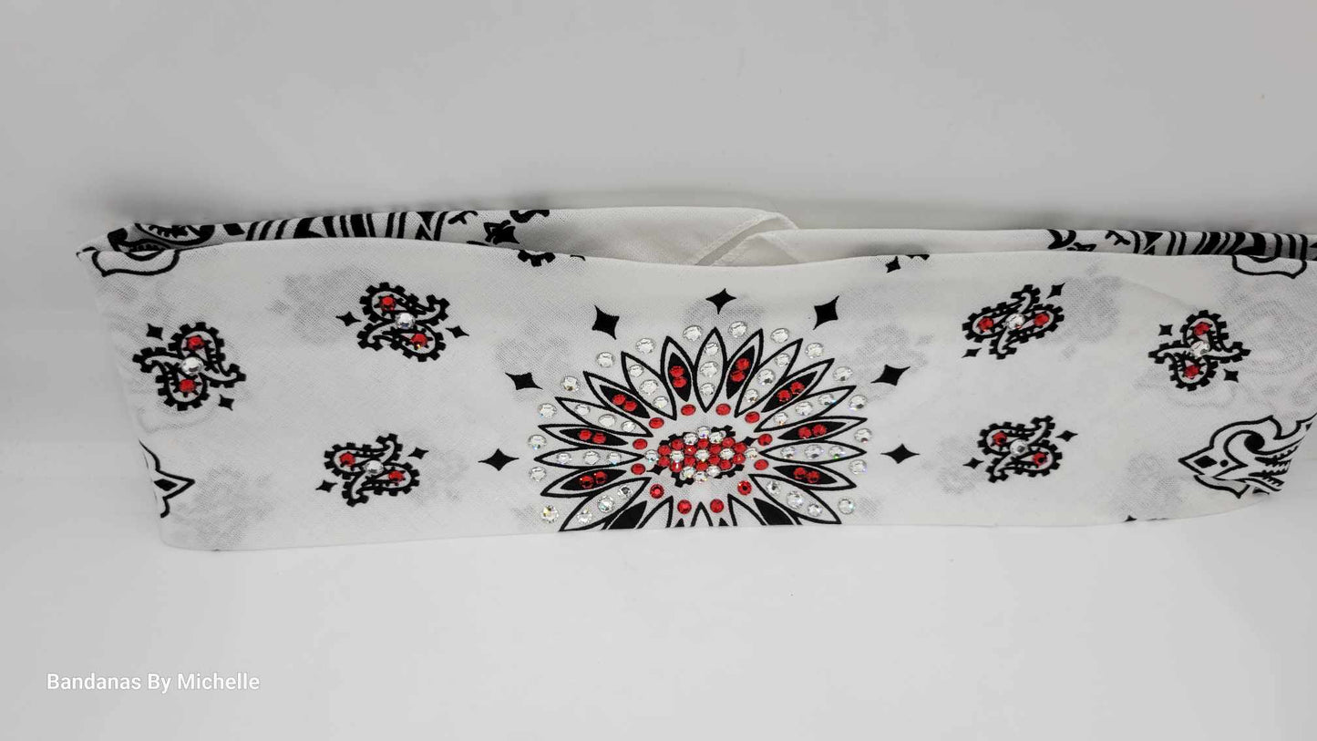 White Paisley Bandana with Red and Diamond Clear Austrian Crystals (Sku2002)