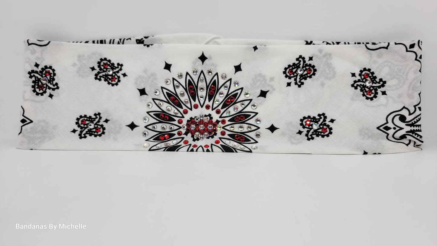 White Paisley Bandana with Red and Diamond Clear Austrian Crystals (Sku2002)