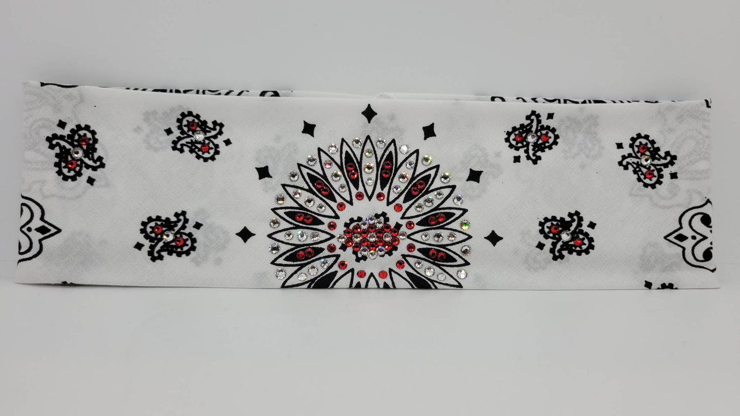 White Paisley Bandana with Red and Diamond Clear Austrian Crystals (Sku2002)