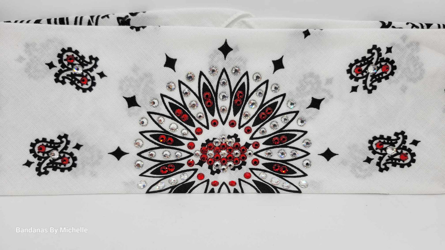 White Paisley Bandana with Red and Diamond Clear Austrian Crystals (Sku2002)