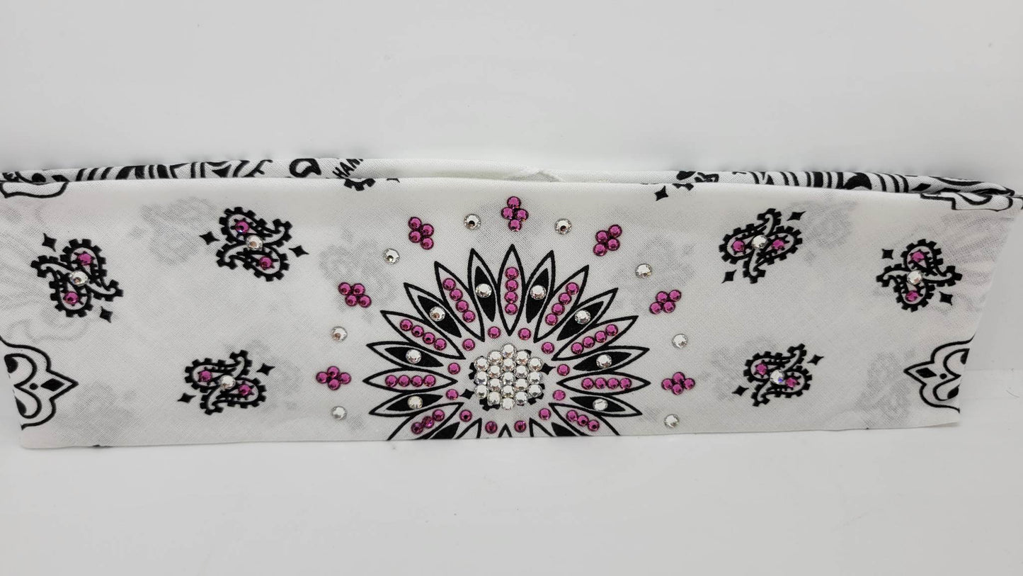 White Paisley Bandana with Fuchsia and Diamond Clear Austrian Crystals (Sku2003)