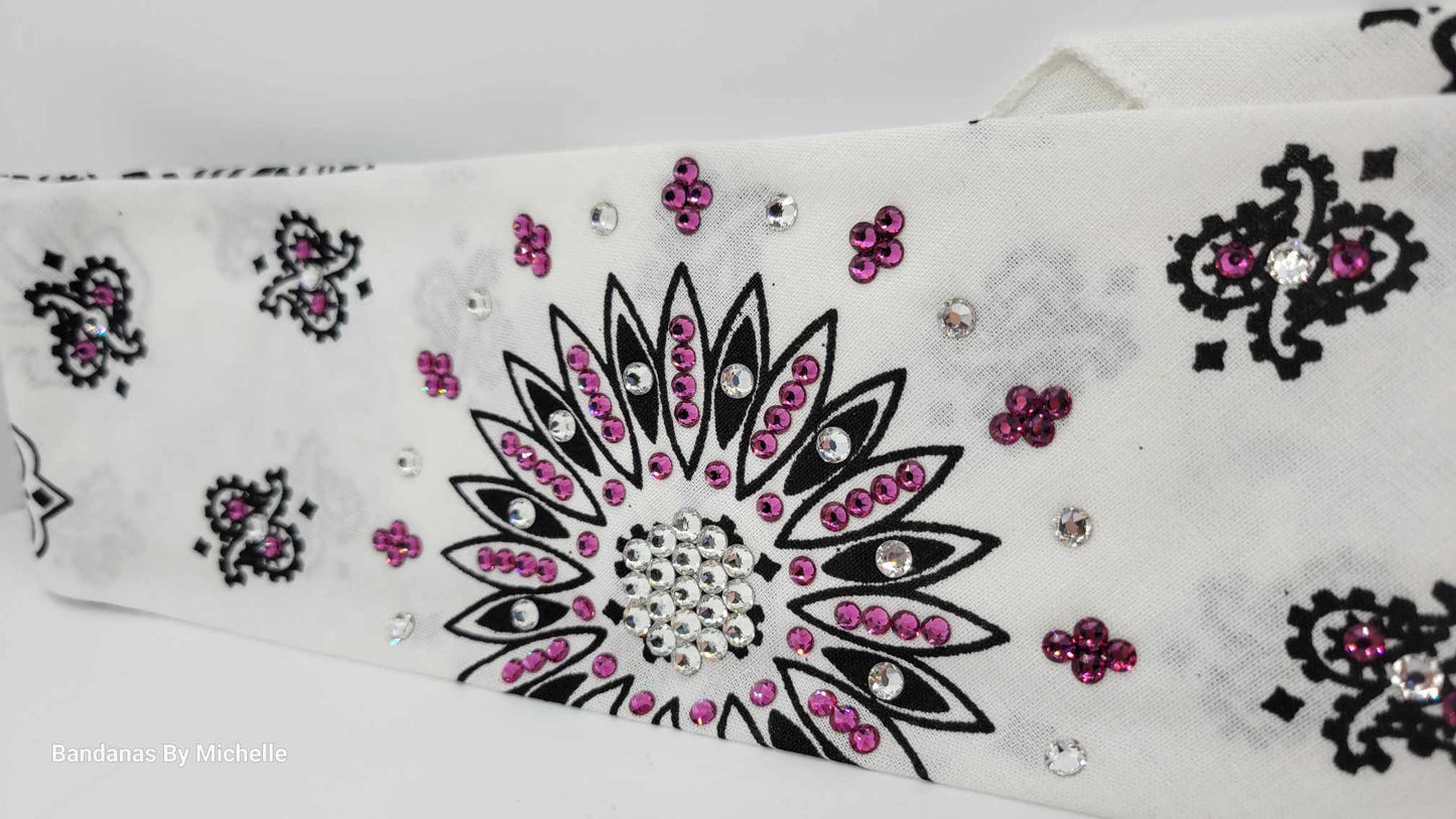 White Paisley Bandana with Fuchsia and Diamond Clear Austrian Crystals (Sku2003)