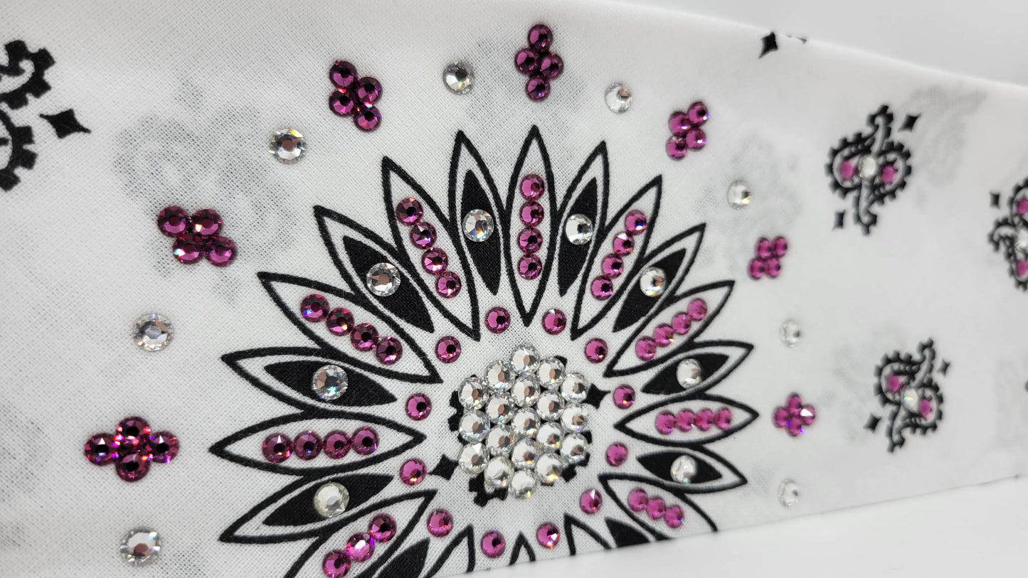 White Paisley Bandana with Fuchsia and Diamond Clear Austrian Crystals (Sku2003)