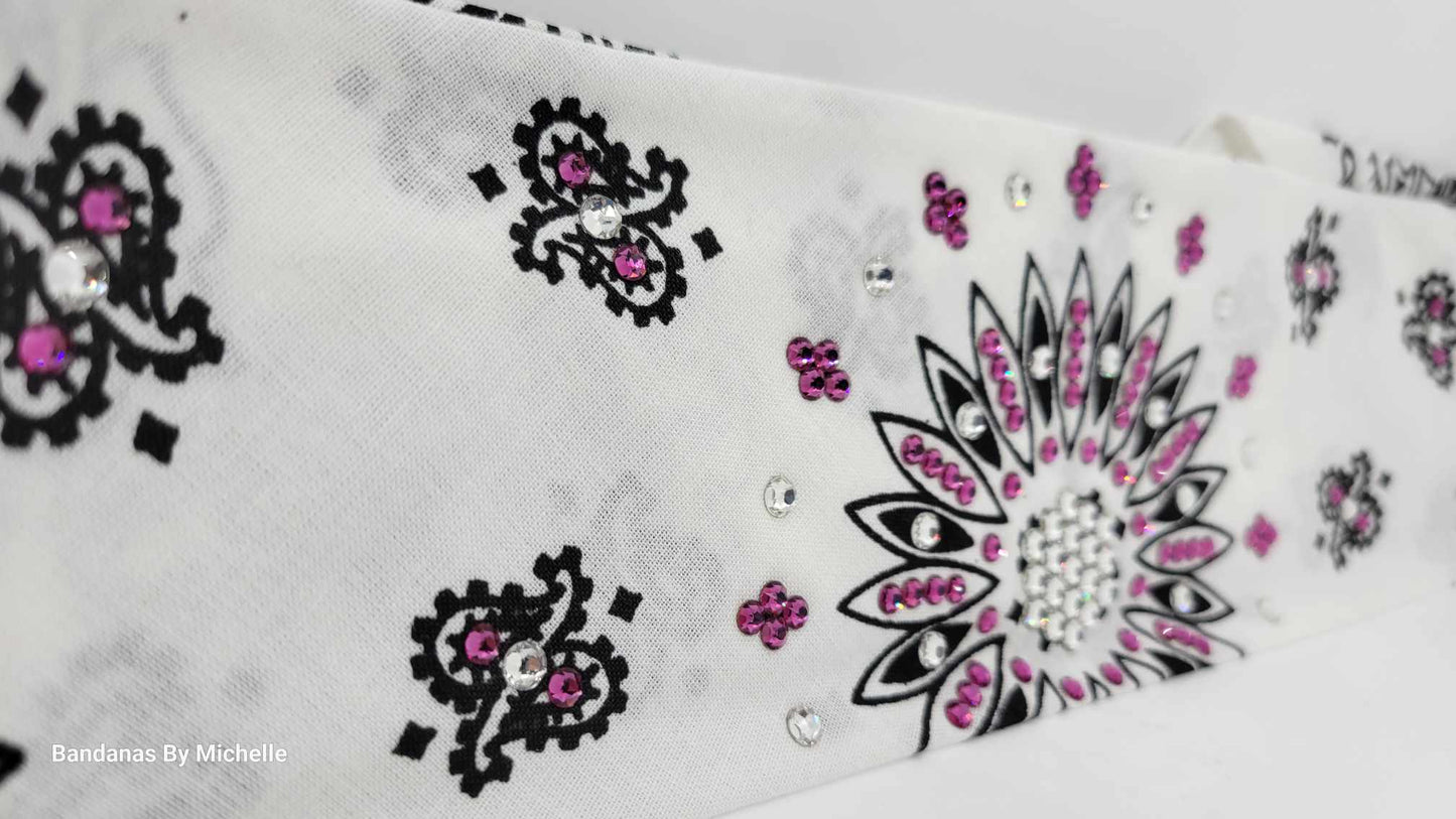 White Paisley Bandana with Fuchsia and Diamond Clear Austrian Crystals (Sku2003)
