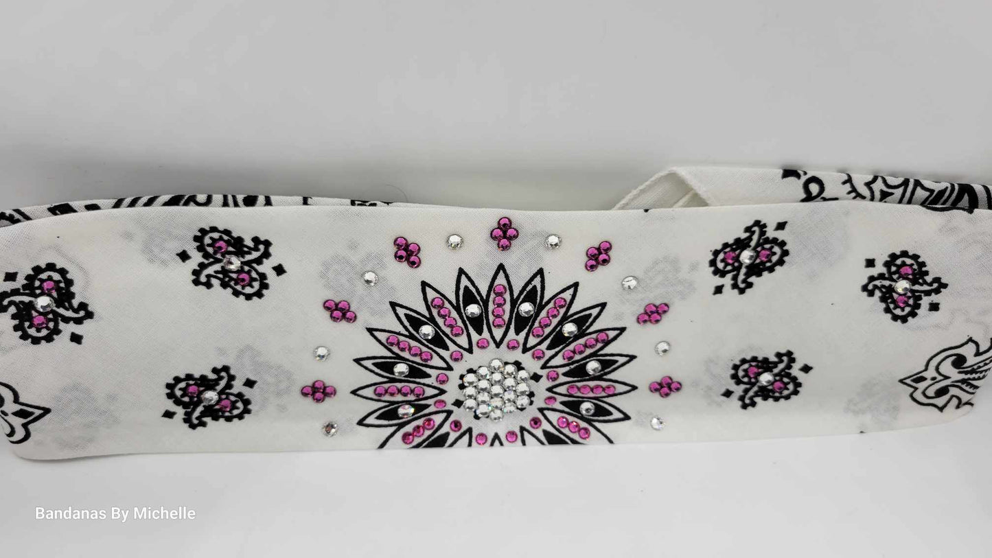 White Paisley Bandana with Fuchsia and Diamond Clear Austrian Crystals (Sku2003)