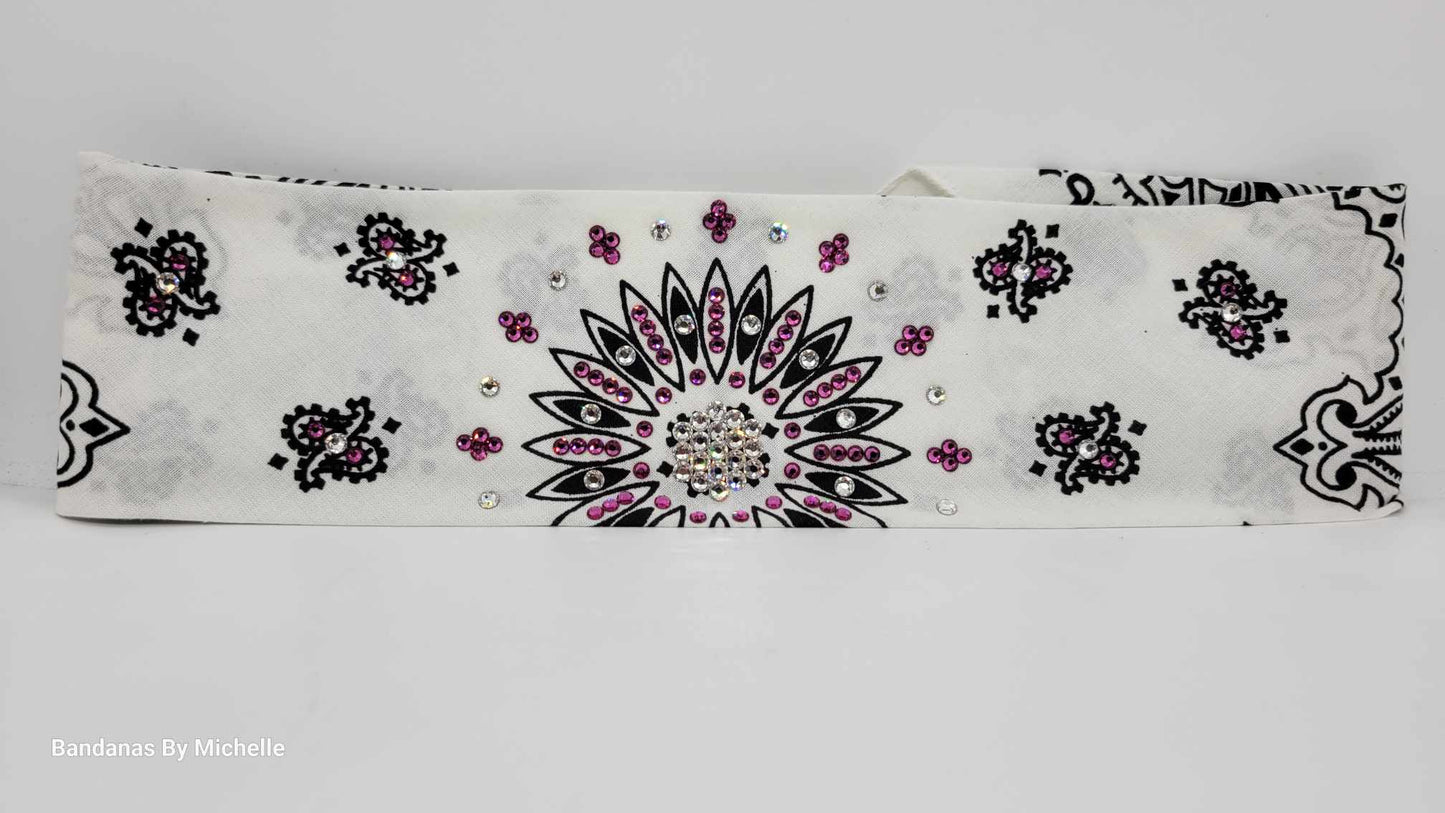 White Paisley Bandana with Fuchsia and Diamond Clear Austrian Crystals (Sku2003)
