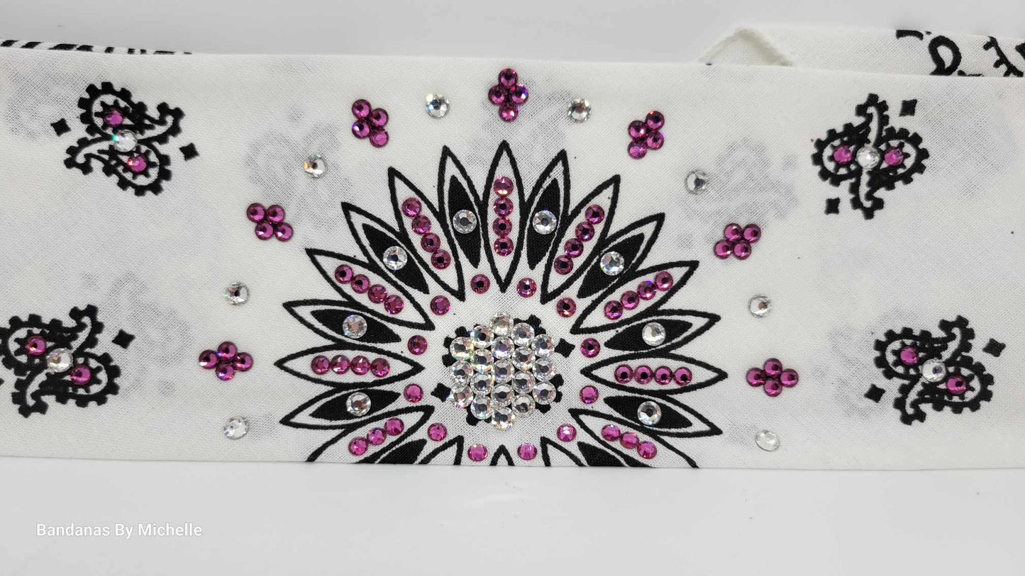 White Paisley Bandana with Fuchsia and Diamond Clear Austrian Crystals (Sku2003)