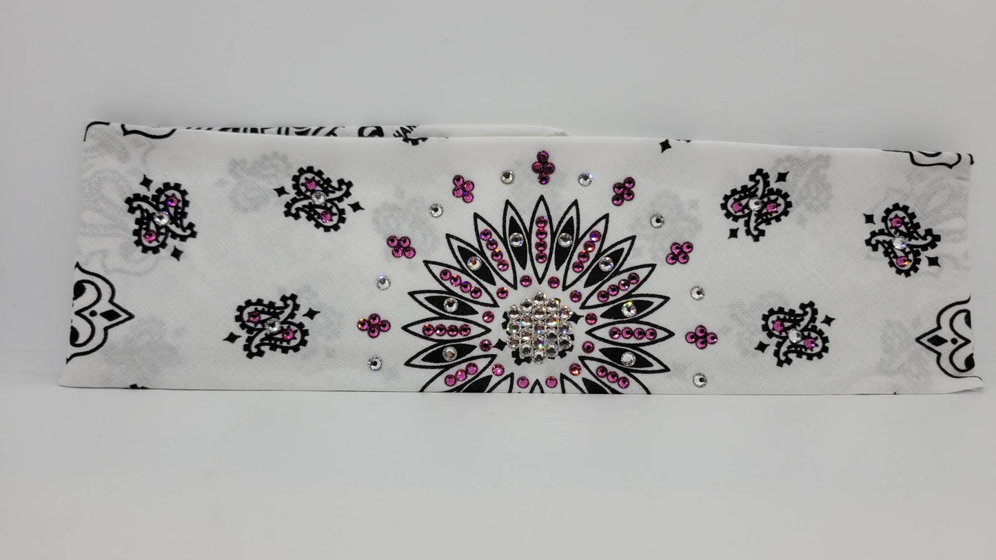 White Paisley Bandana with Fuchsia and Diamond Clear Austrian Crystals (Sku2003)