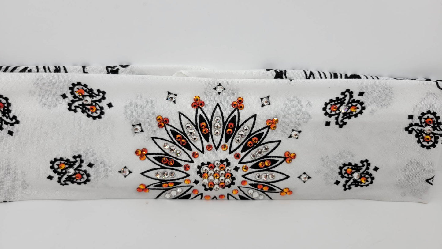 White Paisley Bandana with Orange and Diamond Clear Austrian Crystals (Sku2005)