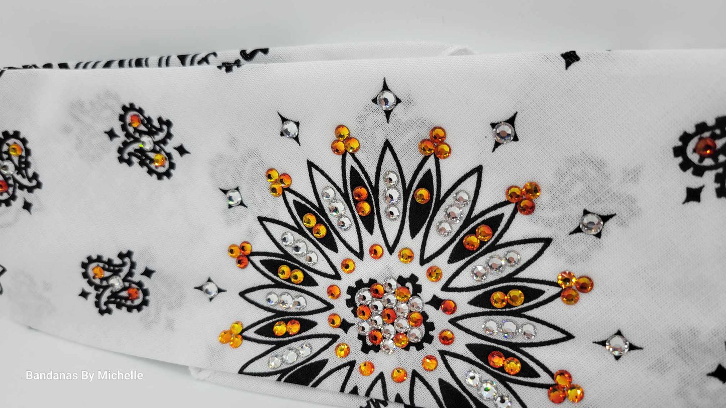 White Paisley Bandana with Orange and Diamond Clear Austrian Crystals (Sku2005)