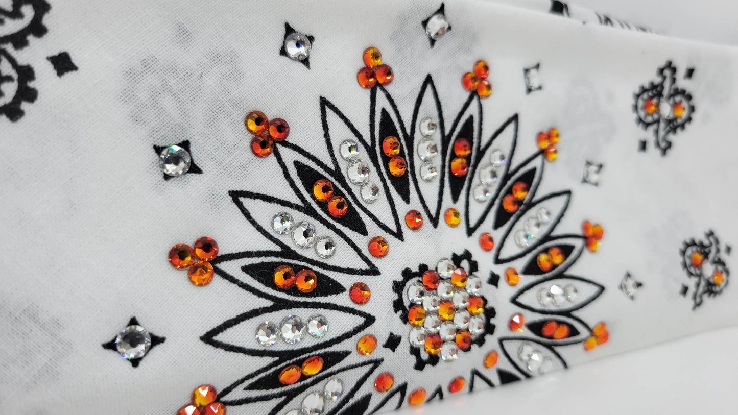White Paisley Bandana with Orange and Diamond Clear Austrian Crystals (Sku2005)