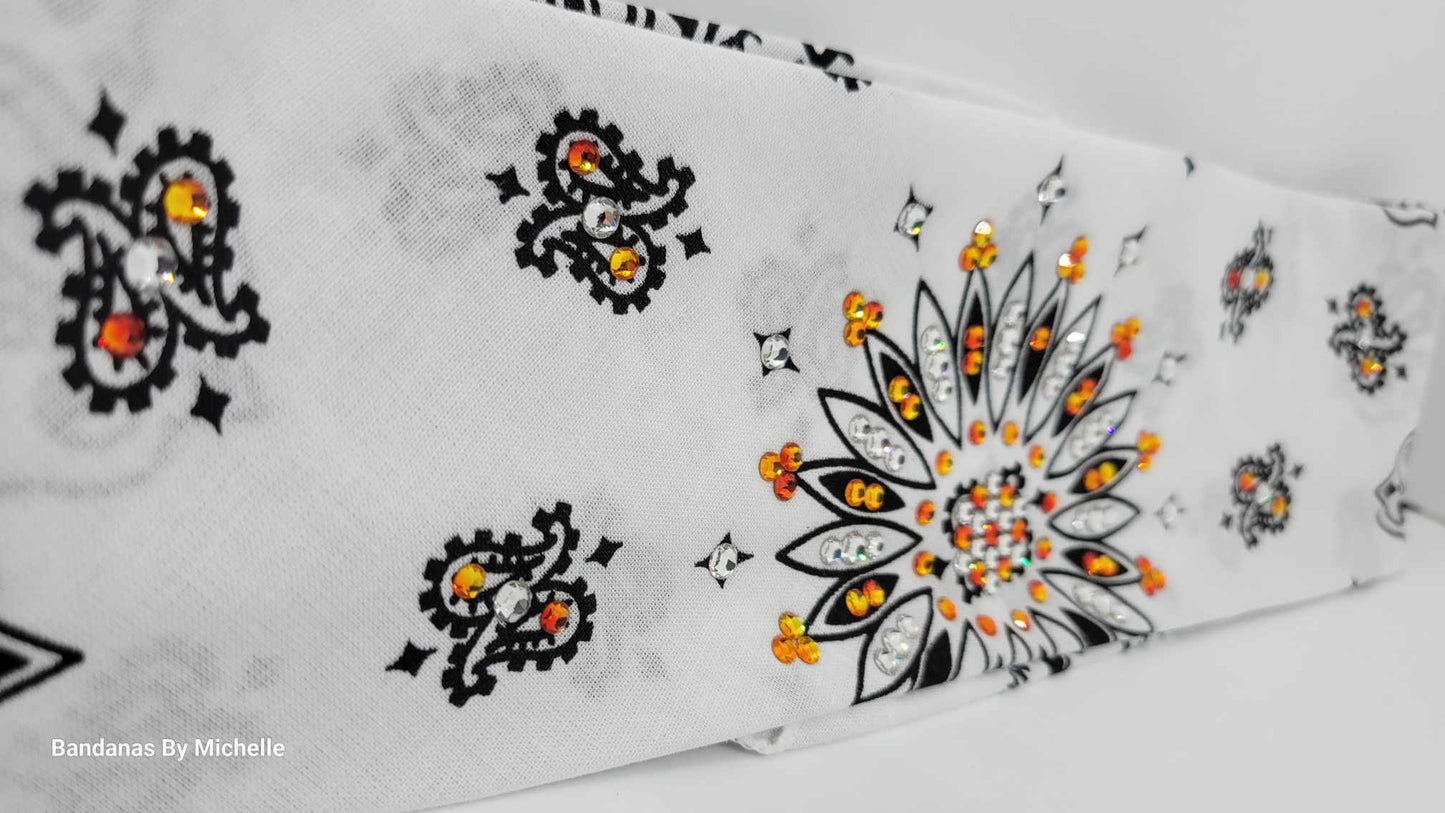 White Paisley Bandana with Orange and Diamond Clear Austrian Crystals (Sku2005)