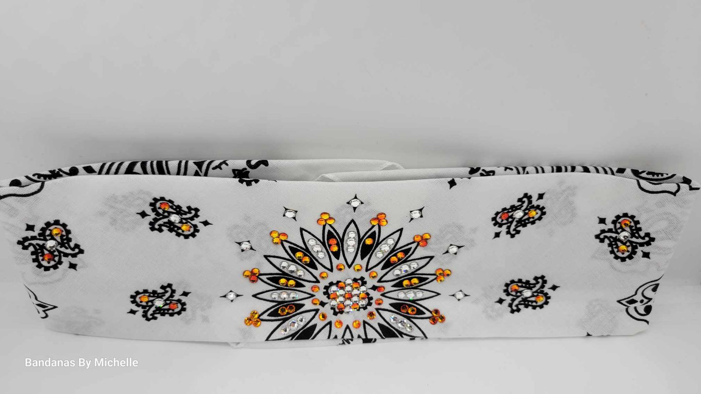 White Paisley Bandana with Orange and Diamond Clear Austrian Crystals (Sku2005)