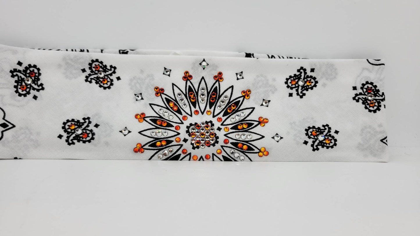 White Paisley Bandana with Orange and Diamond Clear Austrian Crystals (Sku2005)