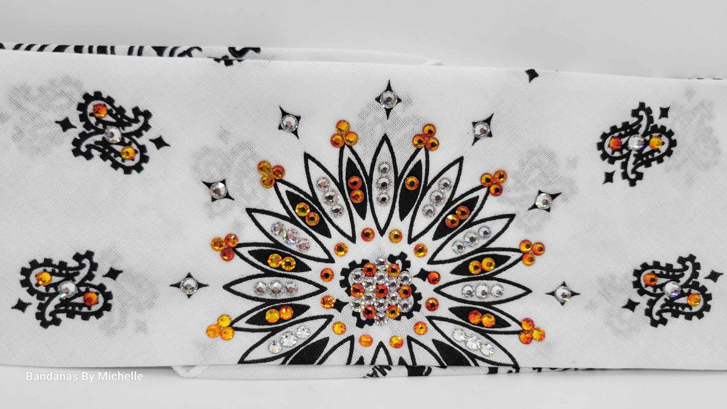 White Paisley Bandana with Orange and Diamond Clear Austrian Crystals (Sku2005)