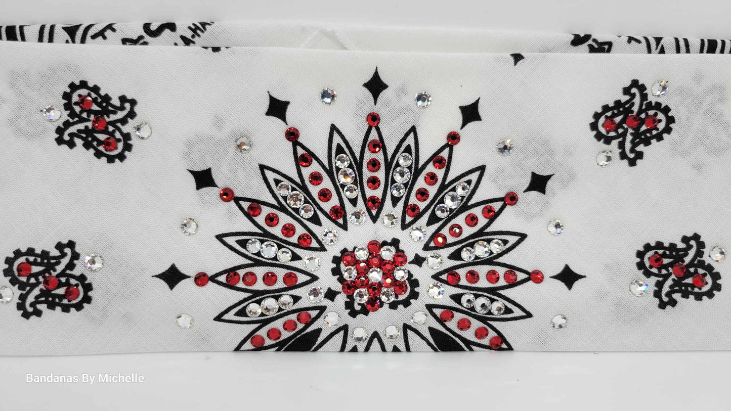 White Paisley Bandana with Red and Diamond Clear Austrian Crystals (Sku2007)