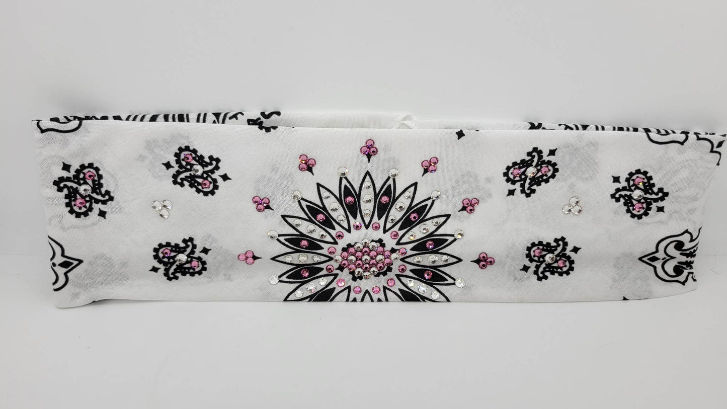 White Paisley Bandana with Light Pink and Diamond Clear Austrian Crystals (Sku2008)