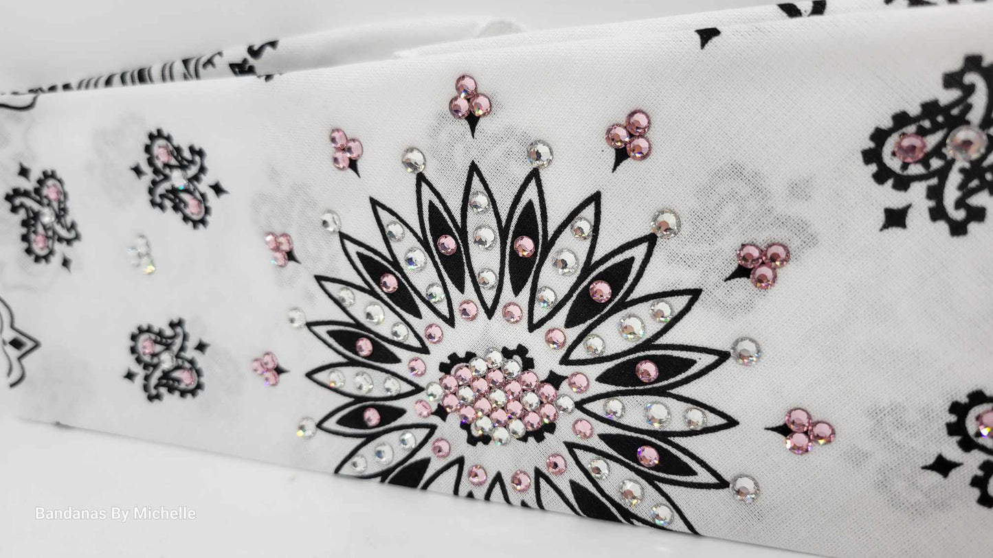 White Paisley Bandana with Light Pink and Diamond Clear Austrian Crystals (Sku2008)